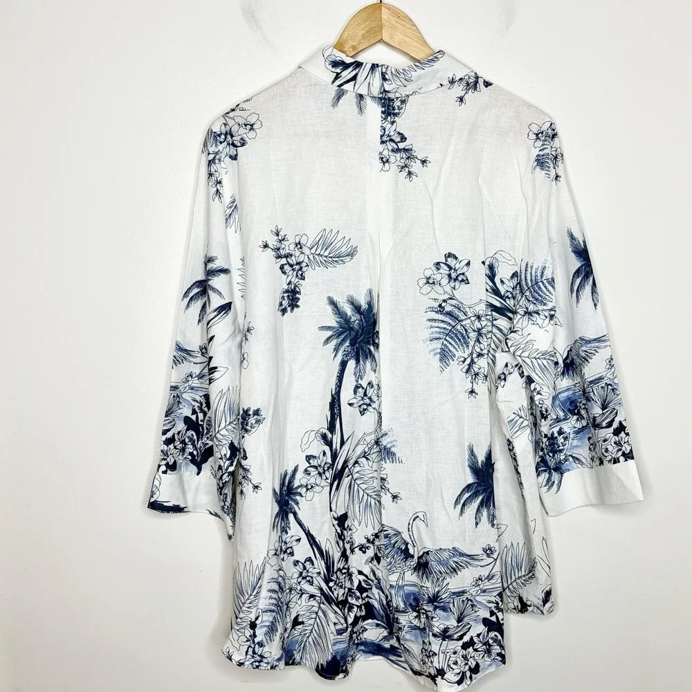Linen Blend Tropical Floral Print Top Blue White Womens 2X Coastal Aloha Beachy - Picture 6 of 7